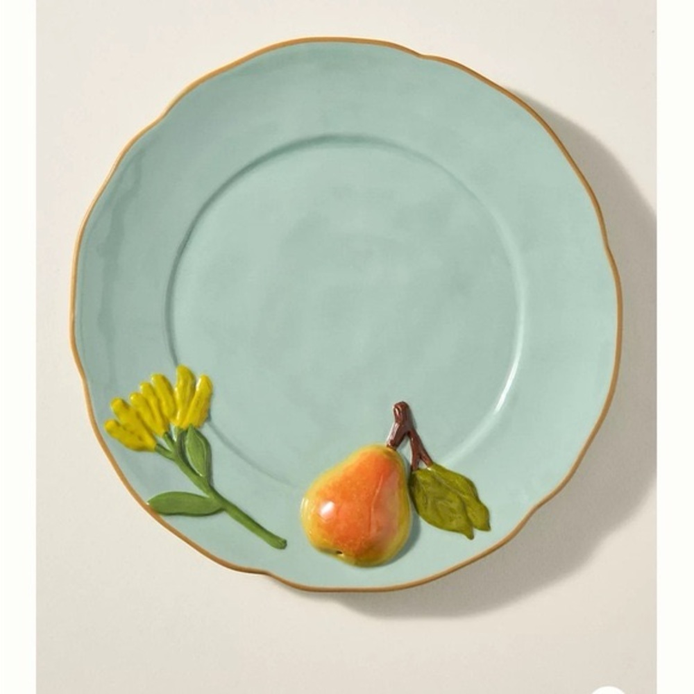Anthropologie Faye icon stoneware Green Plate with Pear and Flower Design